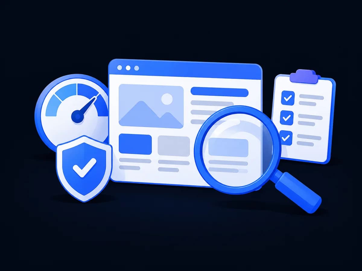 Lupa sobre um site com velocímetro, escudo e lista de verificação