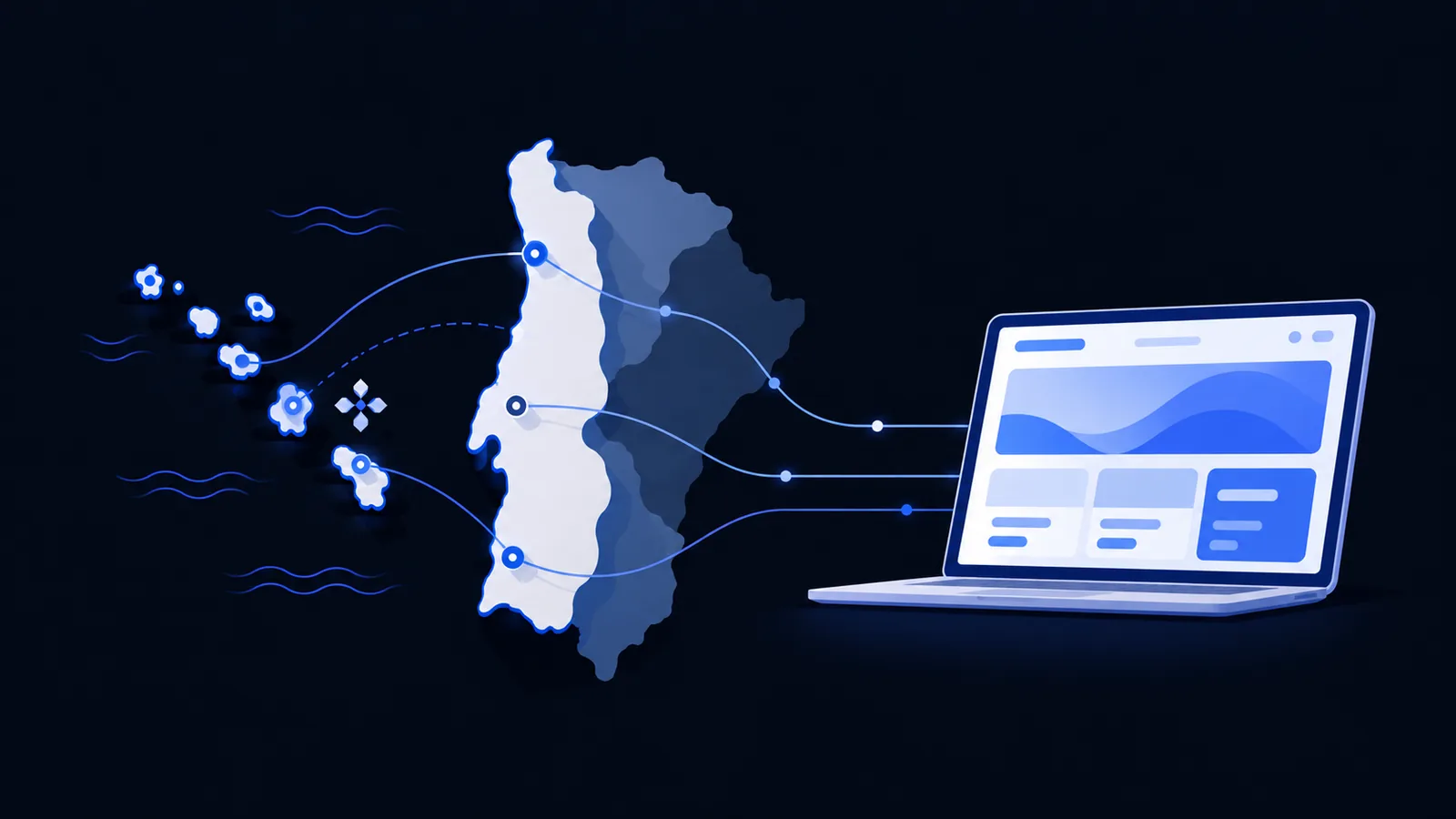 Costa atlântica estilizada ligada a um portátil