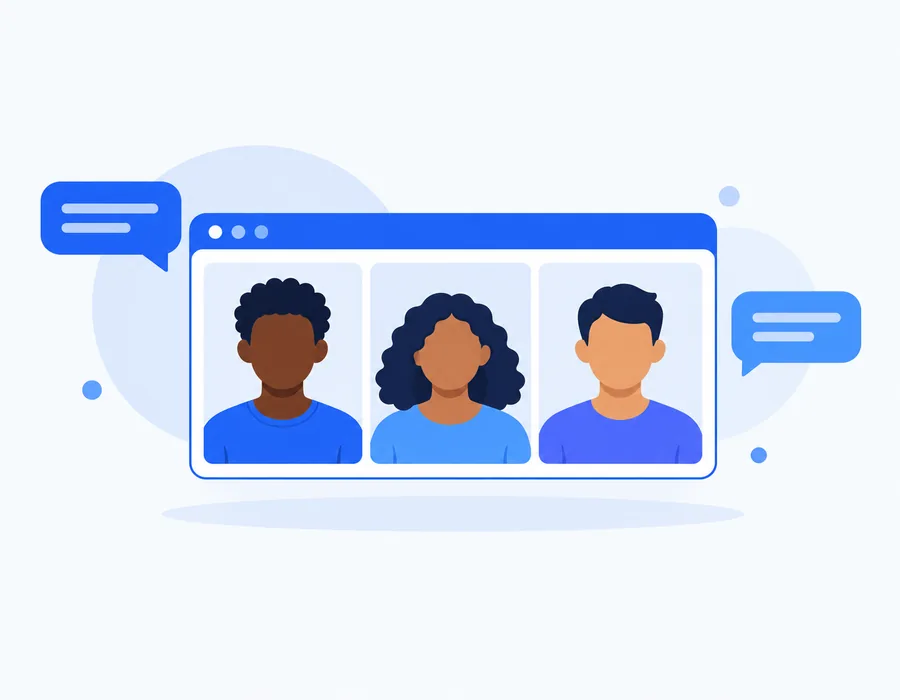 Videochamada com três participantes de diferentes tons de pele e balões de conversa