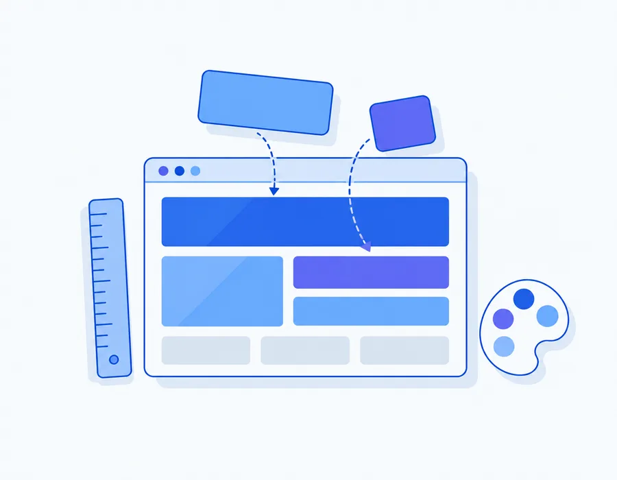 Blocos de um site em construção, régua e paleta