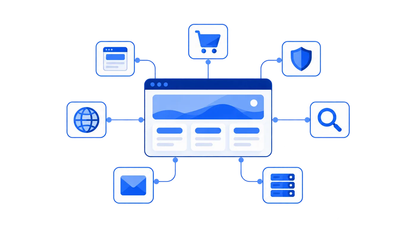 Site central rodeado por sete ícones de serviços digitais