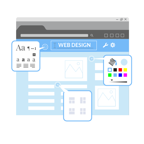 Ilustração de design de sites mostrando ferramentas de personalização, incluindo edição de texto, escolha de cores e layout